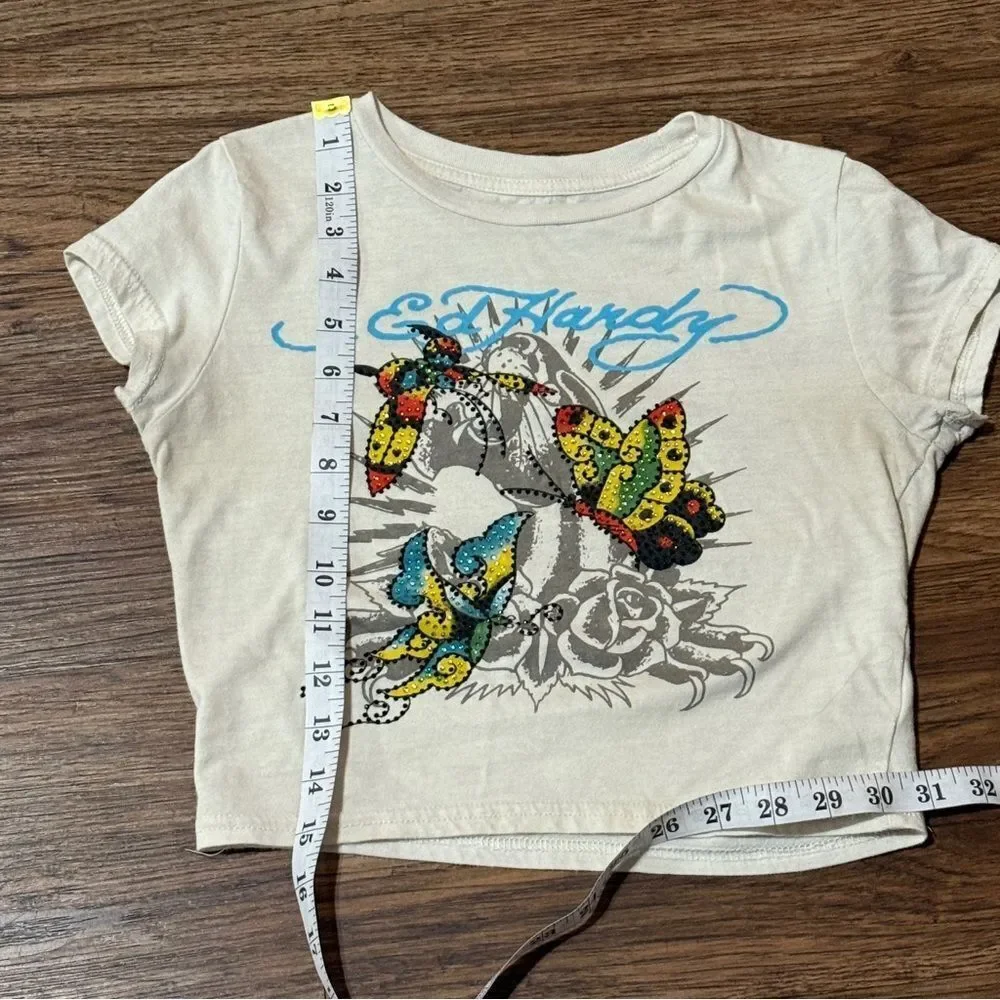Ed Hardy True Eagle Rhinestone Natural Crop T-Shirt Cream Size Small